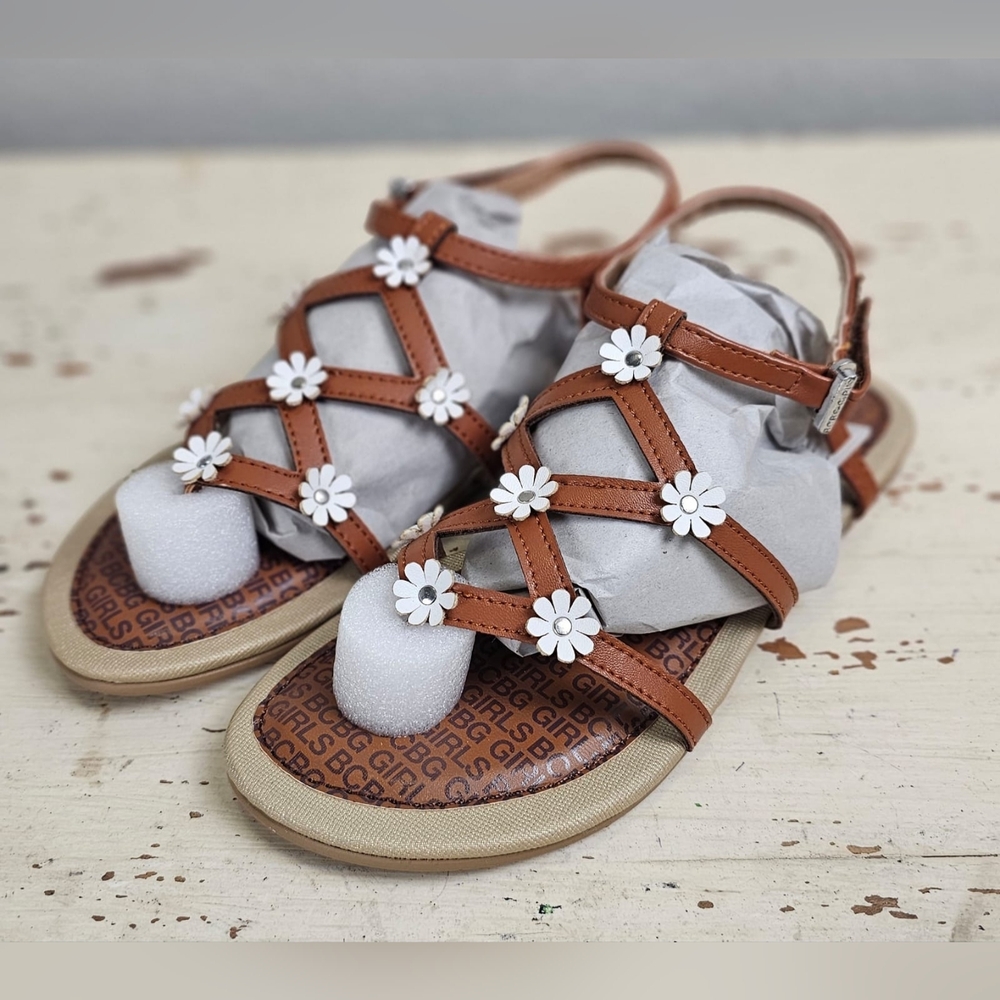 BCBG Girls Sandals Youth Size 13M, 1M Strappy Flats Brown FLORAL NEW